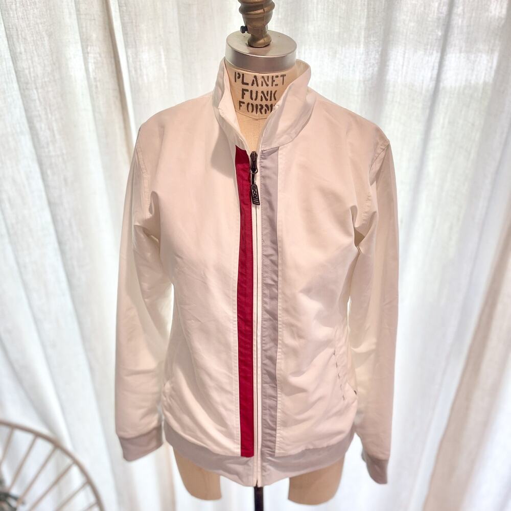 Tesla Eco Zip Up Retro White Red/Grey Stripe Motors Driving Jacket Preppy Small